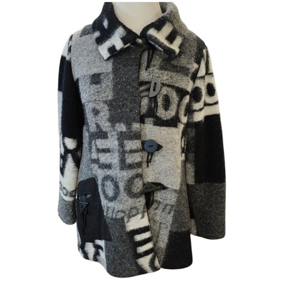 Womens Sz Medium Gray Wool‎ Blend Jacket Poland Lagenlook Patchwork Mixed Print - Picture 2 of 14